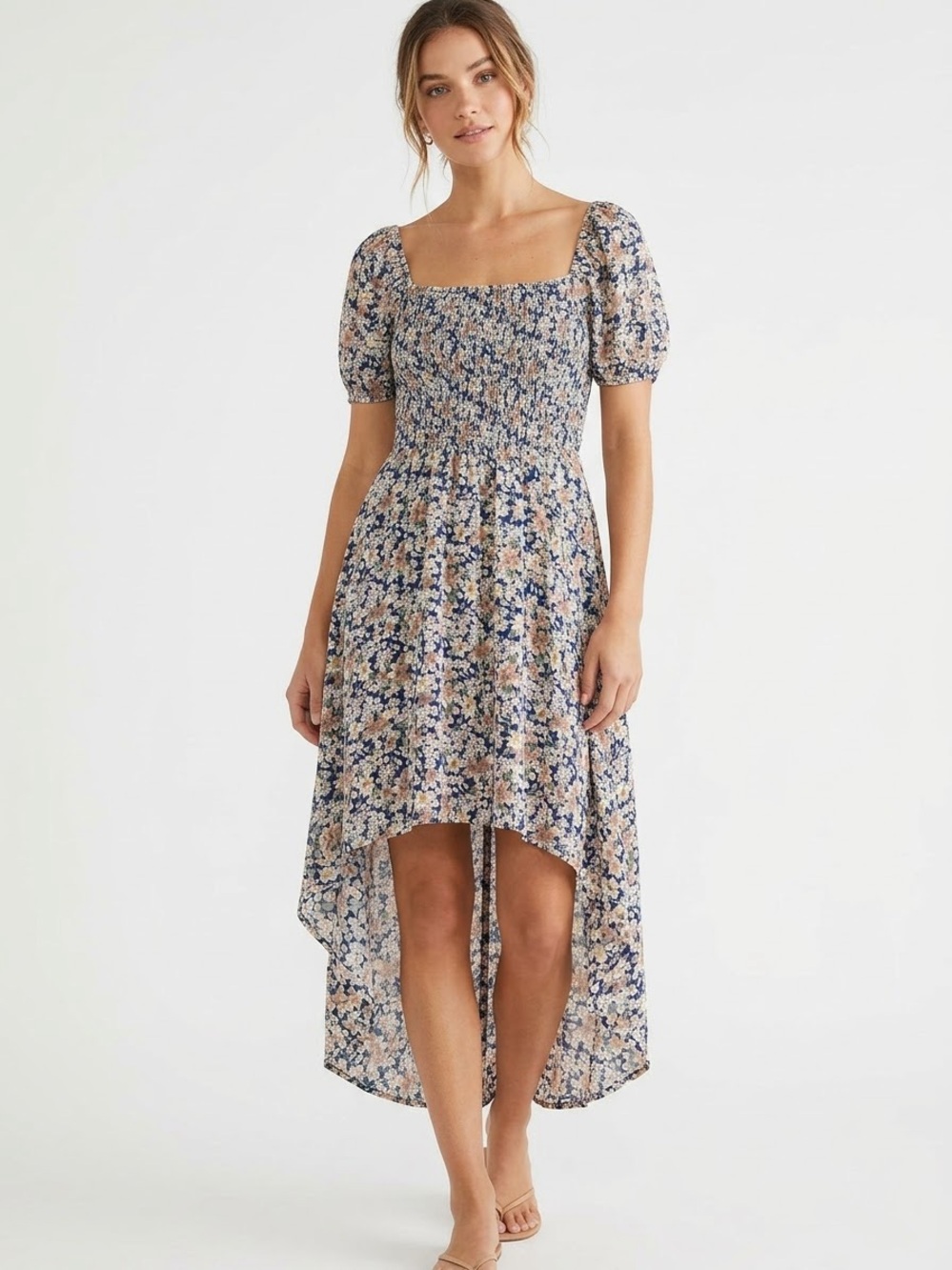 As U Wish Juniors' Smocked High-low Chiffon Dress Blue & Pink